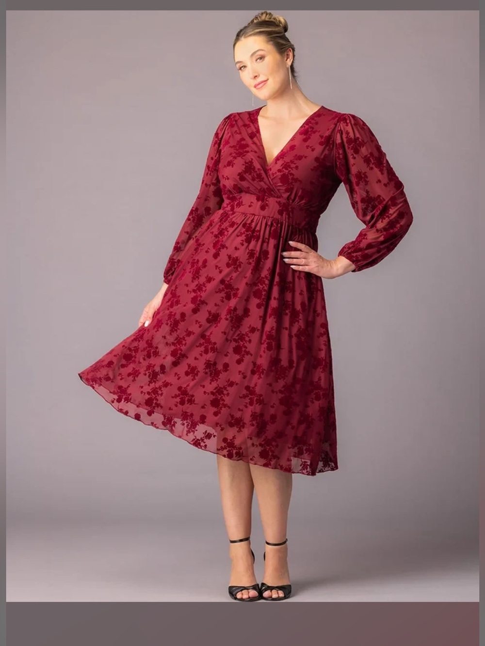 Kiyonna Melanie Mesh Midi Cocktail Dress Bordeaux Flocked Florals Plus Size 3X